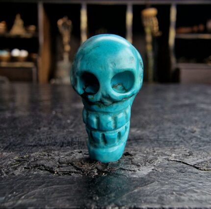 Hand-carved turquoise skull amulet with a natural dark matrix.