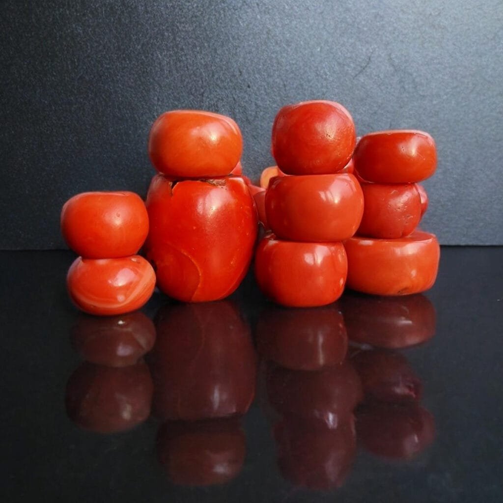 antique Tibetan red coral beads for mala, coral, polished barrel shape