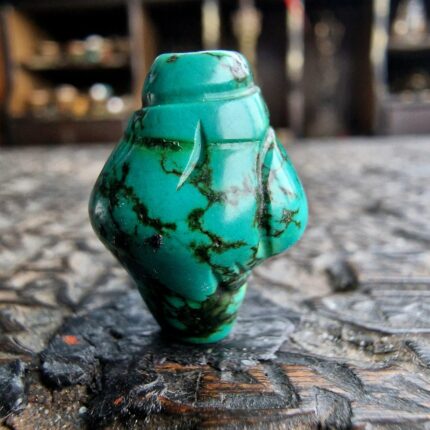 Hand-carved turquoise bead shaped like a ritual conch shell with a natural blue-green matrix.