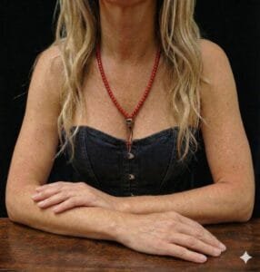 Hand-strung red coral mala necklace featuring 108 beads and a central bone Citipati skull.