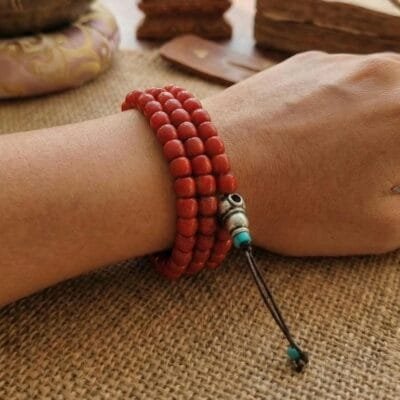 Red Coral Mala Necklace 108 Tibetan Prayer Beads 6mm, White Copper Guru, Turquoise Spacer, Buddhist Meditation Gift, Yoga Jewelry, Nepal
