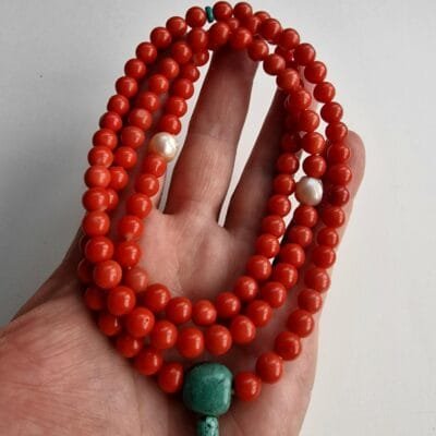 Coral beads Necklace, Turquoise Pearl skull, Tibetan Turquoise, antique coral/Meditation prayer beads Mala 108, Dzi beads, Bodhi Mala