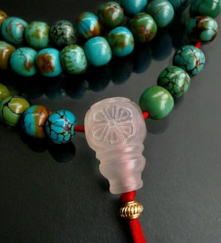antique tibetan Turquoise and Coral prayer beads 108 Mala front view