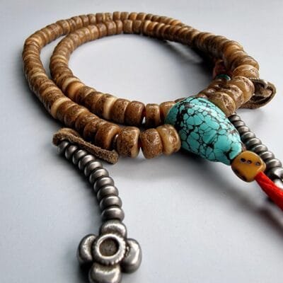 Tibetan antique Kapala 108 beads /Necklace | Prayer beads, old bodhi mala, antique Coral, Dzi beads, Tibetan Turquoise, Special Gifts