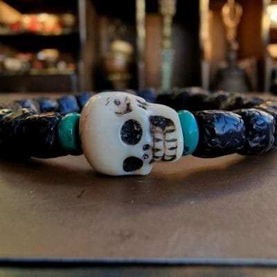 Tibetan antique Rudraksha, Kapala Skull, Tibetan Turquoise beads Bracelet | Prayer beads, old bodhi mala 108, antique Coral, Dzi beads