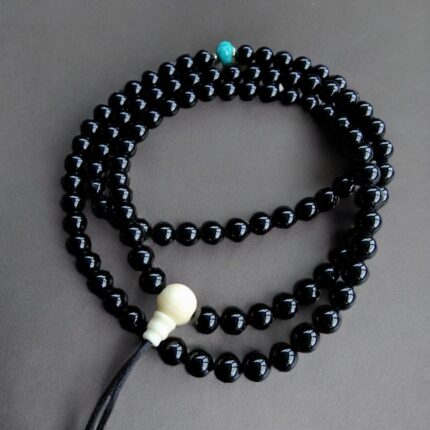 Hand-knotted Tourmaline Mala necklace featuring 108 multi-colored gemstone beads and a Tibetan Turquoise guru.