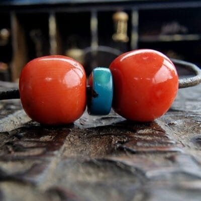 19th Century Tibetan Momo Coral Bead with Turquoise Spacer (11mm)