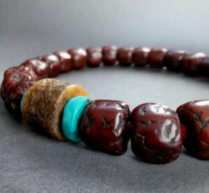 Tibetan antique Rudraksha + Kapala Bracelet/Necklace | Prayer beads, old bodhi mala 108, antique Coral, Dzi beads, Tibetan Turquoise,