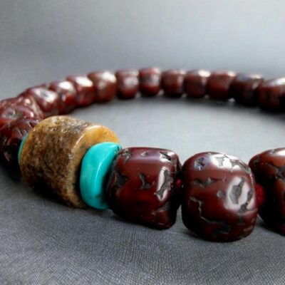 Tibetan antique Rudraksha + Kapala Bracelet/Necklace | Prayer beads, old bodhi mala 108, antique Coral, Dzi beads, Tibetan Turquoise,