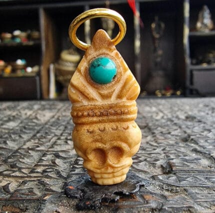 Antique Tibetan Crowned Chitipati Amulet | 20th Century Relic | 33mm Himalayan Meditation Pendant | Turquoise Adorned Talisman